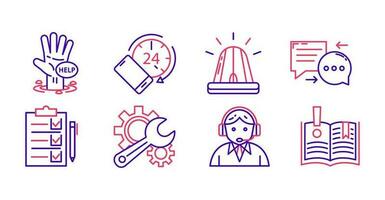 Help and support set icon. A simple linear web icon set, consisting of help, online assistant, reference book, time, emergency, conversation, receptionist and agenda. Suitable for websites vector