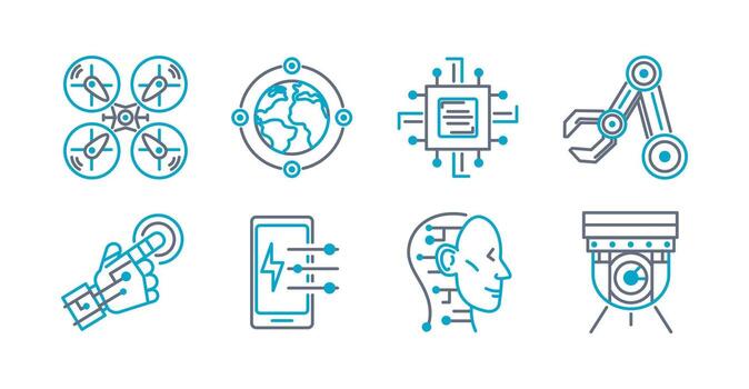 Technology icon set stroke line . 5g, ai, power, robot, drone, connected and security. Great for websites and social media vector