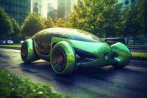 Futuristic electric car in a green city created with generative AI technology. photo