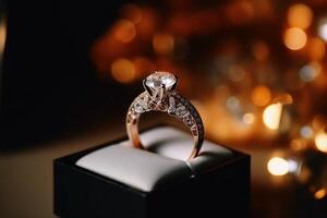 A beautiful wedding ring in the box with sparkling light created with technology. photo