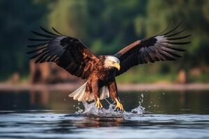 Eagle catching fish in a lake created with generative AI technology. photo