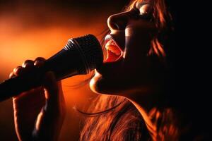 A female singer with a microphone created with technology. photo