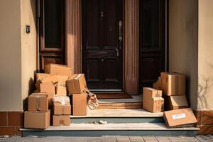Unclaimed parcels at a front door created with technology. photo