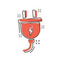 Vector cartoon electric plug icon in comic style. Power wire cable sign illustration pictogram. Wire business splash effect concept.