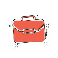 icono de maleta de dibujos animados vectoriales en estilo cómico. pictograma de ilustración de signo de bolsa de equipaje. concepto de efecto de salpicadura de negocio de caso diplomático. vector