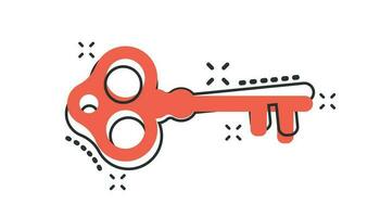 Vector cartoon key icon in comic style. Secret keyword sign illustration pictogram. Key business splash effect concept.