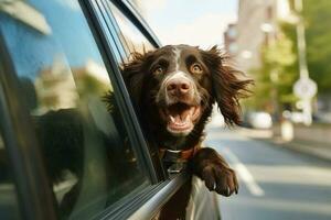 A funny dog out of a car window created with generative AI technology. photo