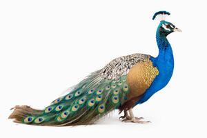 A beautiful peacock on a white background created with technology. photo