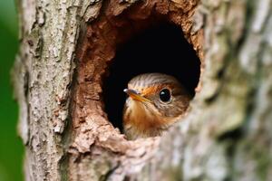 Bird peek a boo out of a tree created with technology. photo