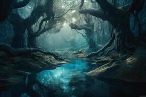 A fantasy forest with trees and water created with generative AI technology. photo