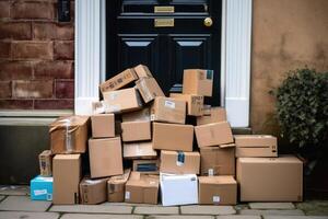 Unclaimed parcels at a front door created with technology. photo