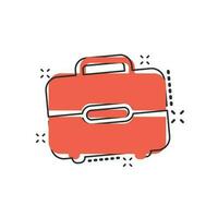 icono de maleta de dibujos animados vectoriales en estilo cómico. pictograma de ilustración de signo de bolsa de equipaje. concepto de efecto de salpicadura de negocio de caso diplomático. vector