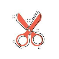 Vector cartoon scissors icon in comic style. Scissor sign illustration pictogram. Shear business splash effect concept.