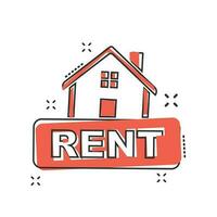 Cartoon rent house icon in comic style. Home illustration pictogram. Rental sign splash business concept. vector