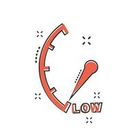 Cartoon low level icon in comic style. Speedometer, tachometer sign illustration pictogram. Low level splash business concept. vector