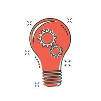 Cartoon light bulb with gear icon in comic style. Bulb idea illustration pictogram. Lamp sign splash business concept. vector