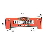 Vector cartoon spring sale ribbon icon in comic style. Discount, sale sticker label sign illustration pictogram. Spring sale tag business splash effect concept.