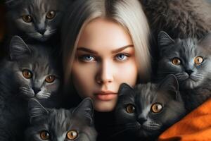 A woman with cats created with generative AI technology. photo