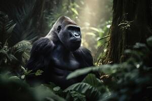 A big gorilla in the jungle created with generative AI technology. photo