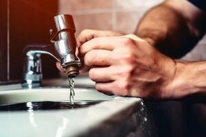 Hands of a plumber repairing the bathroom created with generative AI technology. photo