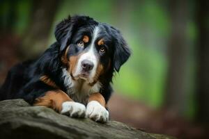 Portrait of a cute bernese mountain dog created with generative AI technology. photo