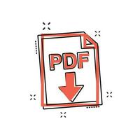 Cartoon PDF icon in comic style. PDF document illustration pictogram. File sign splash business concept. vector