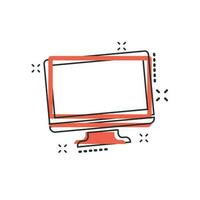 icono de computadora de dibujos animados de vector en estilo cómico. pictograma de ilustración de signo de monitor. concepto de efecto de salpicadura de negocio de televisión.