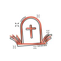 Vector cartoon halloween grave icon in comic style. Gravestone sign illustration pictogram. Rip business splash effect concept.