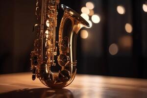 Close-up of a saxophone with reflections and a soft bokeh of light in the background created with generative AI technology. photo