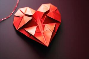 Heart shaped origami in red color created with generative AI technology. photo