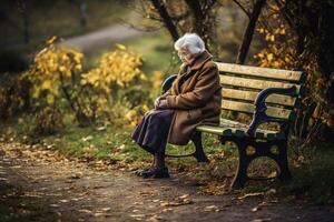 un solitario retirado mujer en un banco creado con generativo ai tecnología. foto