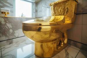 A luxurious toilet made of pure gold created with generative AI technology. photo