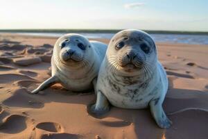 bebé focas en el playa creado con generativo ai tecnología. foto