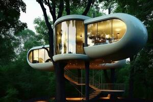 un futurista árbol casa creado con generativo ai tecnología. foto
