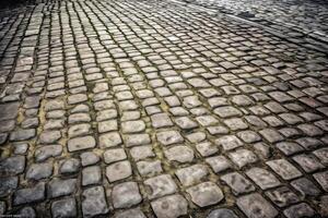 Old historical cobblestone road background texture created with generative AI technology. photo