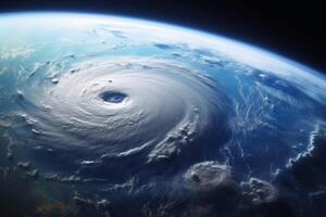 Looking from space on a hurricane on planet earth created with generative AI technology. photo