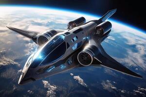 A futuristic aircraft in space with planet earth in the background created with technology. photo