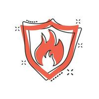 Vector cartoon fire warning shield sign icon in comic style. Flame protection sign illustration pictogram. Fire business splash effect concept.