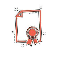 icono de certificado de dibujos animados vectoriales en estilo cómico. pictograma de ilustración de signo de diploma. concepto de efecto de salpicadura de negocio de documento de certificado. vector