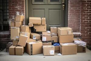 Unclaimed parcels at a front door created with generative AI technology. photo