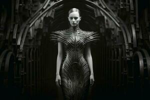 A woman wearing an elegant dress made of steel created with generative AI technology. photo