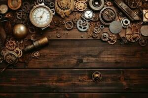 Steampunk background on a wooden surface with copy space created with generative AI technology. photo