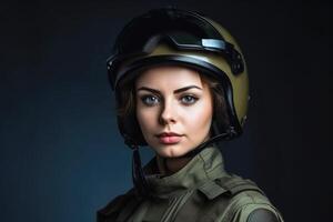 un retrato de un mujer en un militar atuendo con casco creado con generativo ai tecnología. foto