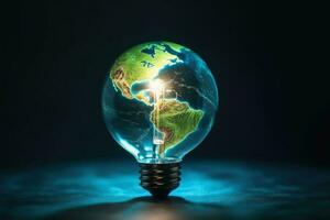 A lightbulb of planet earth energy concept created with generative AI technology. photo