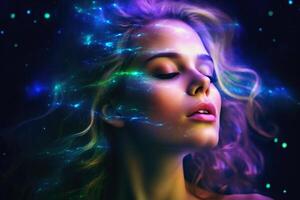 Ethereal and mesmerizing woman portrait in a galaxy environment created with technology. photo