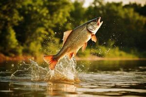 A fish jumping out of the water at a lake created with generative AI technology. photo