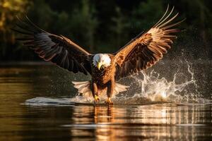 Eagle catching fish in a lake created with technology. photo