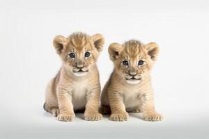 dos linda león cachorros en un blanco antecedentes creado con generativo ai tecnología. foto