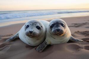 Baby seals on the beach created with technology. photo