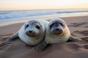 Baby seals on the beach created with generative AI technology. photo